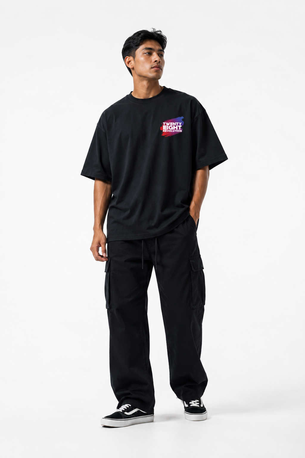 FUTURISTIC TWENTY EIGHT REVOLUTION OVERSIZED BLACK SHIRT