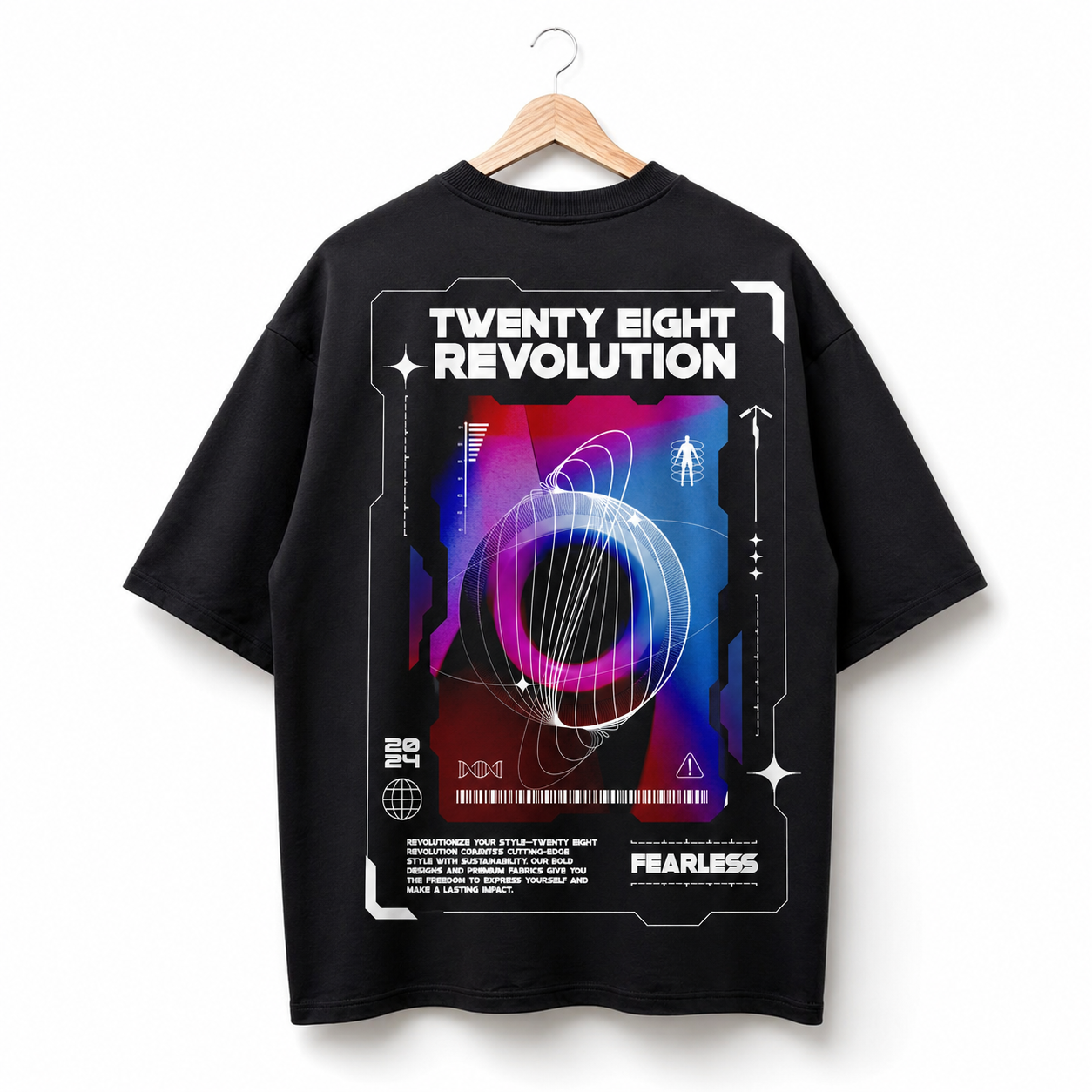 FUTURISTIC TWENTY EIGHT REVOLUTION OVERSIZED BLACK SHIRT