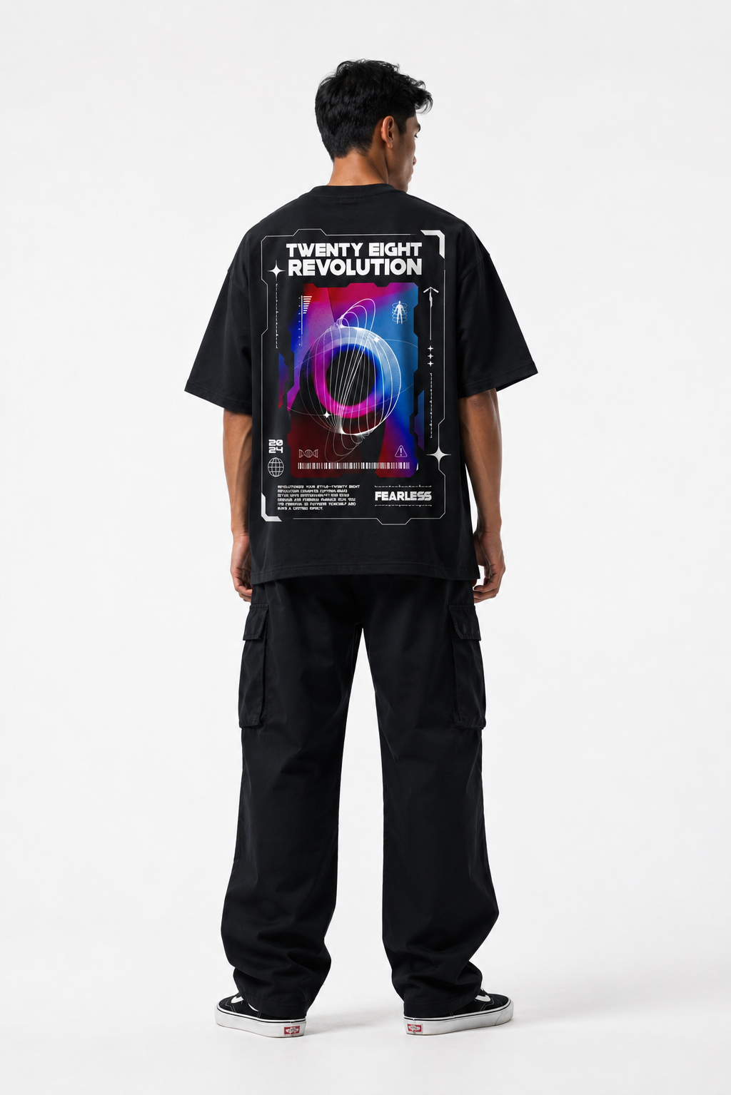 FUTURISTIC TWENTY EIGHT REVOLUTION OVERSIZED BLACK SHIRT
